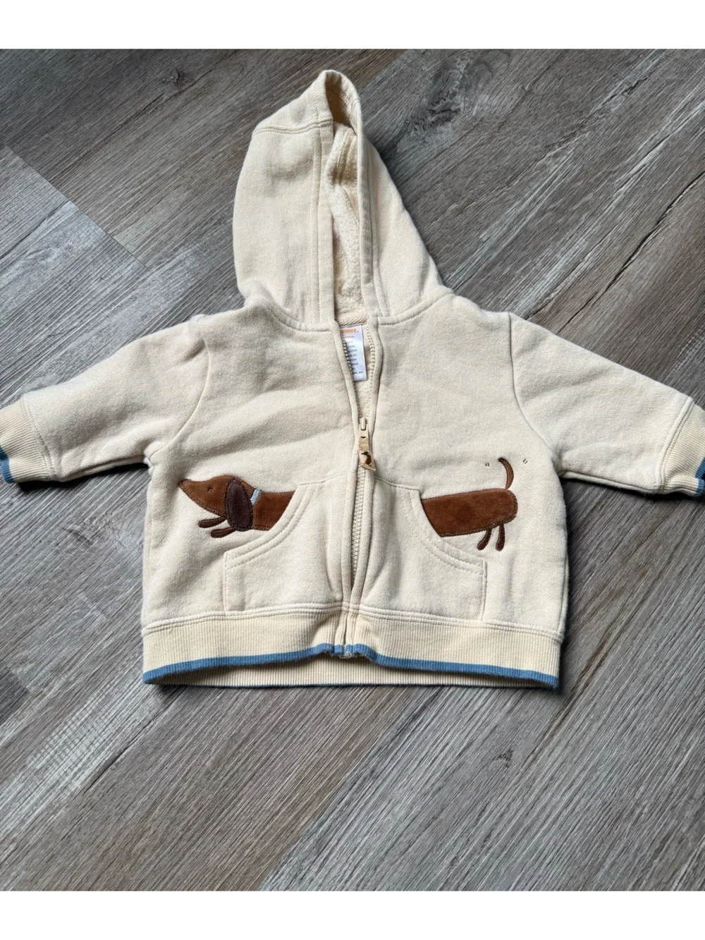VTG GYMBOREE 3-6 Mo Full Zip Dog Hoodie Embroidered Tan Cream Brown Blue Baby